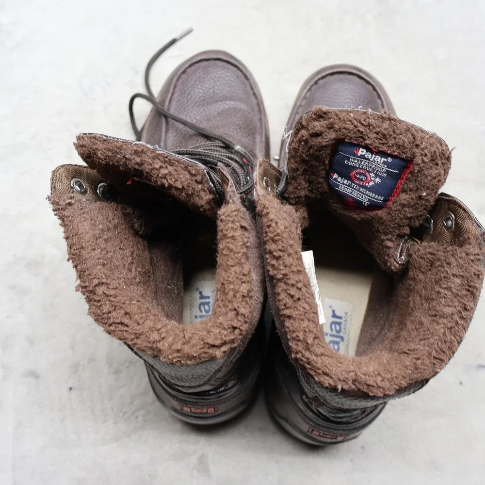 Pajar Mens 10-10.5 Winter Boots Brown Leather Faux Fur Lined Moc Toe Waterproof